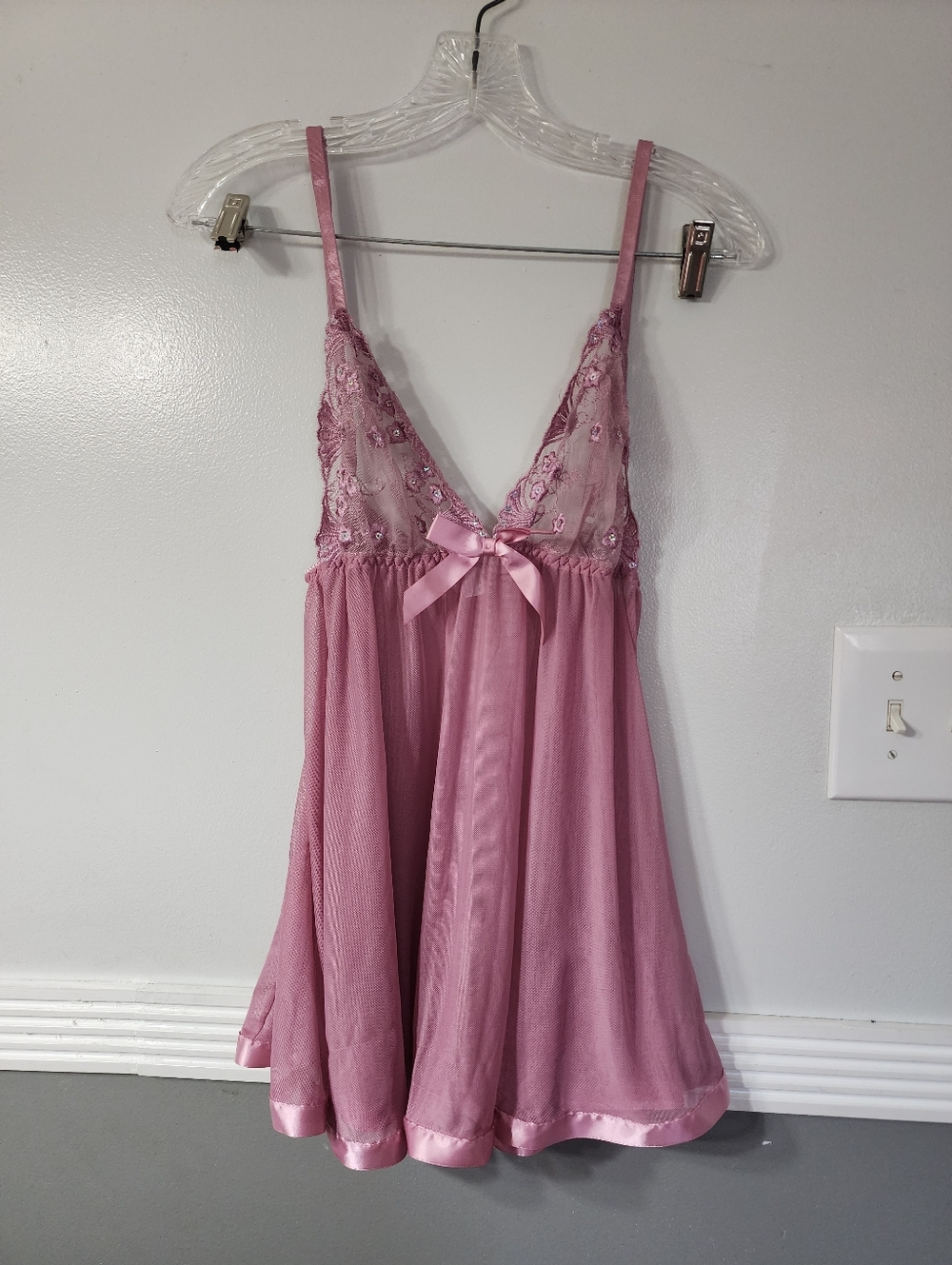 Sheer Lace-Top Pink Babydoll Chemise with Satin Trim